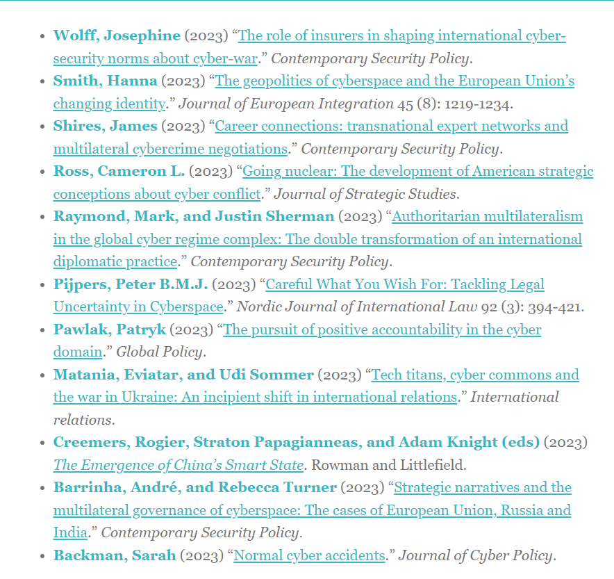 The Hague Program on International Cyber Security (@thehagueprogram) on Twitter photo New entries in our bibliography! Featuring <a href="/josephinecwolff/">Josephine Wolff</a> <a href="/jamessshires/">James Shires</a> <a href="/ProfMarkRaymond/">Mark Raymond</a> <a href="/jshermcyber/">Justin Sherman</a> <a href="/lecanardfauve/">Peter B.M.J. Pijpers</a> <a href="/patrykpawlak/">Patryk Pawlak</a> <a href="/oudee/">Udi Sommer</a> <a href="/China_Digital/">China Digital</a> @Strat122 <a href="/AdamDKnight/">Adam Knight</a> <a href="/a_barrinha/">Andre Barrinha</a> <a href="/_RTurner_/">Rebecca Turner (𝘴𝘩𝘦/𝘩𝘦𝘳)</a> <a href="/Cyber_Sarah1/">Sarah Backman</a> New entries in our bibliography! Featuring <a href="/josephinecwolff/">Josephine Wolff</a> <a href="/jamessshires/">James Shires</a> <a href="/ProfMarkRaymond/">Mark Raymond</a> <a href="/jshermcyber/">Justin Sherman</a> <a href="/lecanardfauve/">Peter B.M.J. Pijpers</a> <a href="/patrykpawlak/">Patryk Pawlak</a> <a href="/oudee/">Udi Sommer</a> <a href="/China_Digital/">China Digital</a> @Strat122 <a href="/AdamDKnight/">Adam Knight</a> <a href="/a_barrinha/">Andre Barrinha</a> <a href="/_RTurner_/">Rebecca Turner (𝘴𝘩𝘦/𝘩𝘦𝘳)</a> <a href="/Cyber_Sarah1/">Sarah Backman</a>