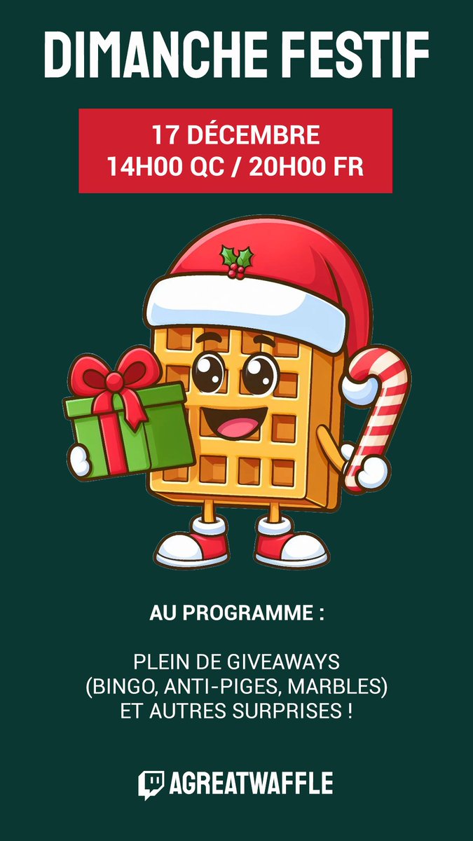 Au plaisir de se voir dimanche ! twitch.tv/agreatwaffle