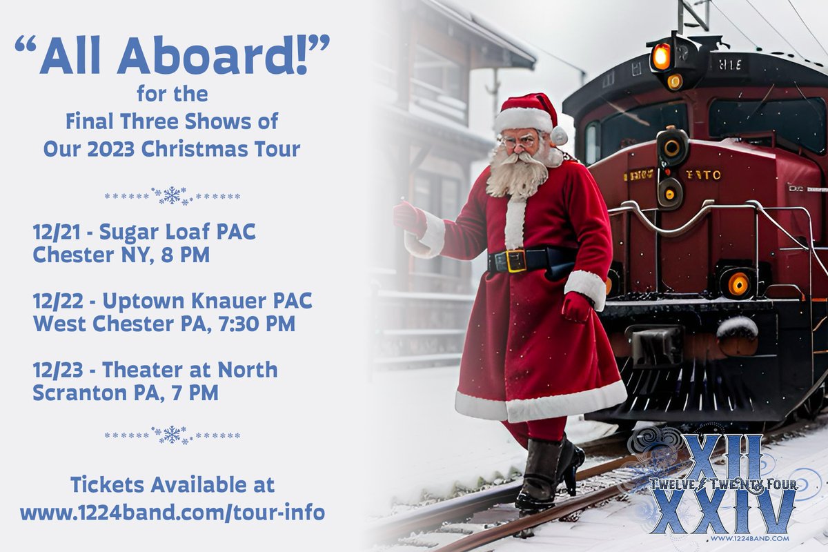 12twentyfour's tweet photo. This week brings our final 3 shows for this holiday season. It’s not too late to jump on board the 12:24 train before it heads back to the North Pole after Saturday’s finale. These are your last chances to see us this season! For tickets visit the link in the image. https://t.co/kLvrUIrzAq