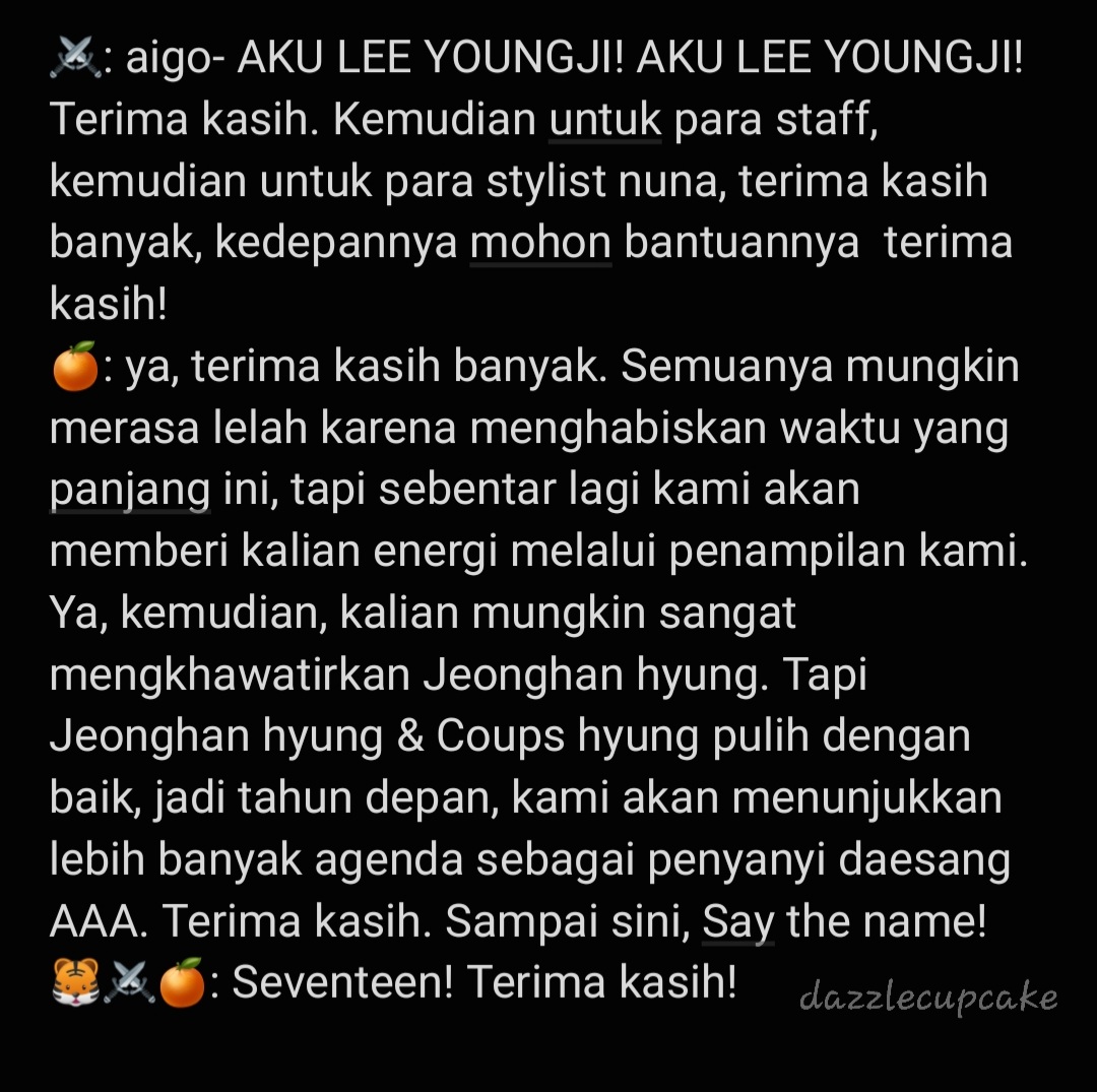 dazzlecupcake's tweet photo. 🐯: Woozi &amp; Bumzu hyung, produser kami yg sdh bekerja keras membuat album, aku ingin menyampaikan kalau kalian sdh bekerja dengan sangat baik dan aku mencintai kalian
🍊: kalian mungkin sangat mengkhawatirkan Jeonghan hyung. Tapi Jeonghan hyung &amp; Coups hyung pulih dengan baik https://t.co/CjXBBz0JCa