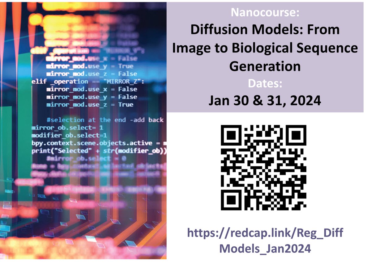 Ever wonder how #AI generates #images from text?
It uses #DiffusionModels! Learn to apply same principles to generate  #BiologicalSequences. 
Scan QR or use redcap.link/Reg_DiffModels… to register for our nanocourse!
#DrugDesign #SingleCellData #Bioinformatics #ComputationalBiology