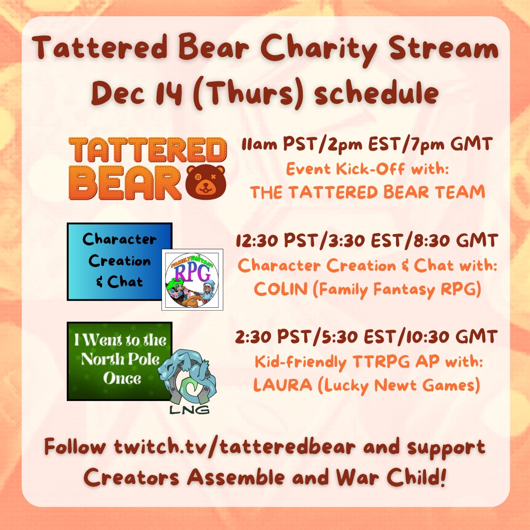 Today's the day! 

Join in the fun with @FamFantasyRPG, @luckynewtgames, @artofarklin, @scrivthebard, @hatchlingsdm, and @TTRPGkids in today's events!

And... wisit our linktree (bio) to see where to help support our charities, @warchilduk and @creatorsassemb!

#TTRPG #stream