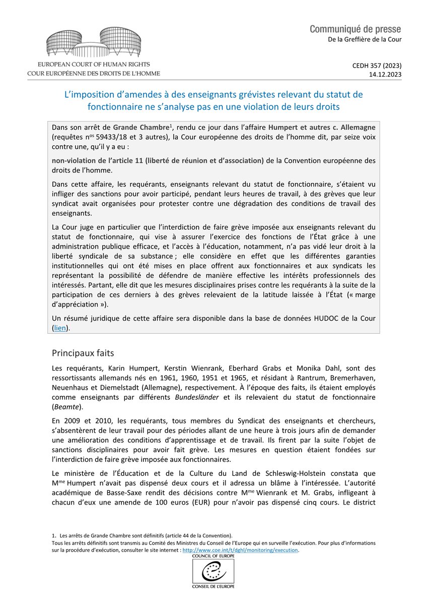 Arrêt de Grande Chambre Humpert et autres c. Allemagne - L’imposition d’amendes à des enseignants grévistes relevant du statut de fonctionnaire ne viole pas leurs droits hudoc.echr.coe.int/app/conversion… #ECHR #CEDH #ECHRpress