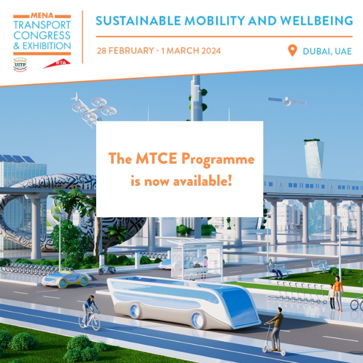 🚀 The MTCE 2024 Programme is now available! 🚀

Explore "Sustainable Mobility and Wellbeing" with insightful sessions on Big Data 📊, Green Transport 🍃, Accessibility ♿️, and much more.

Join us at the MENA Transport Congress &amp; Exhibition in #Dubai, from 28 February to 1 March