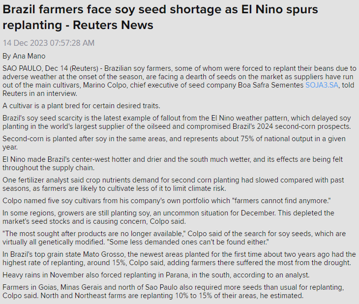 🇧🇷Some farmers trying to replant #soybeans in dry areas of #Brazil are facing a seed shortage.
