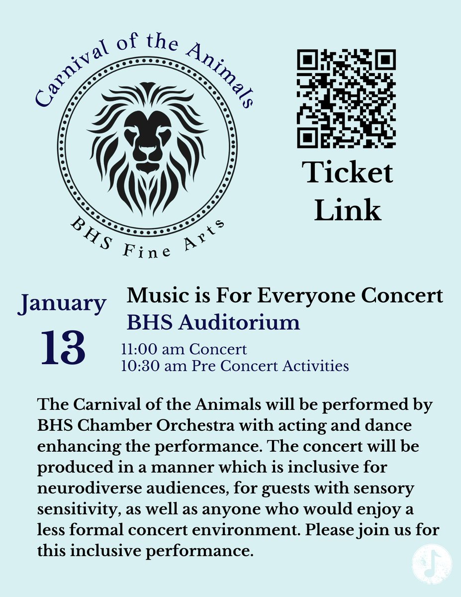 We hope you can join us for our "Music is For Everyone" Concert on January 13 at BHS! The concert will run 11:00-1:40 am. Tickets-app.arts-people.com/index.php?tick… <a href="/BHS220Orch/">BHSOrchestra</a> <a href="/220Arts/">Barrington 220 Fine Arts</a>
