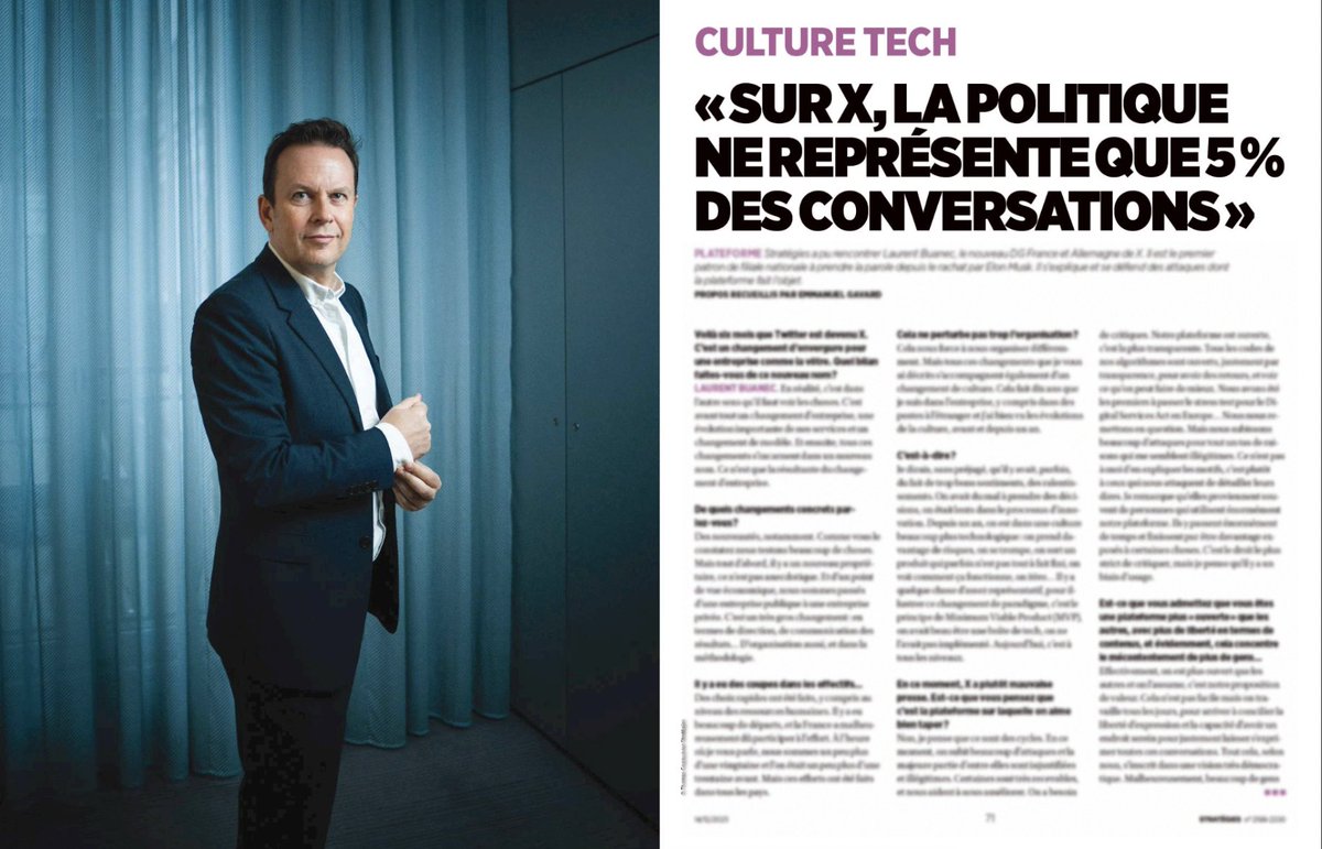 J'ai répondu aux questions de @ManuGavard à propos de 𝕏. Cette interview, très complète, est à retrouver en page 70 du @Strategies paru aujourd'hui, et en ligne : strategies.fr/actualites/cul…