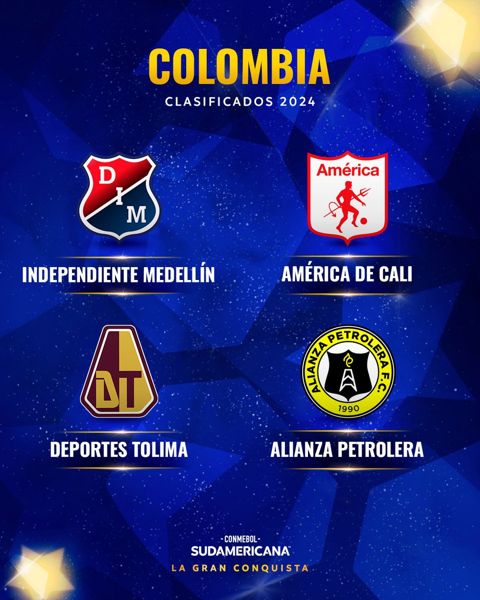 🏆🔥 Estos son los cuatro equipos colombianos que jugarán la CONMEBOL #Sudamericana 2024: 

🇨🇴 <a href="/DIM_Oficial/">DIM</a> 
🇨🇴 <a href="/AmericadeCali/">América de Cali</a> 
🇨🇴 <a href="/cdtolima/">Club Deportes Tolima</a> 
🇨🇴 <a href="/APetrolera/">Alianza Fútbol Fc</a> 

#GloriaEterna
