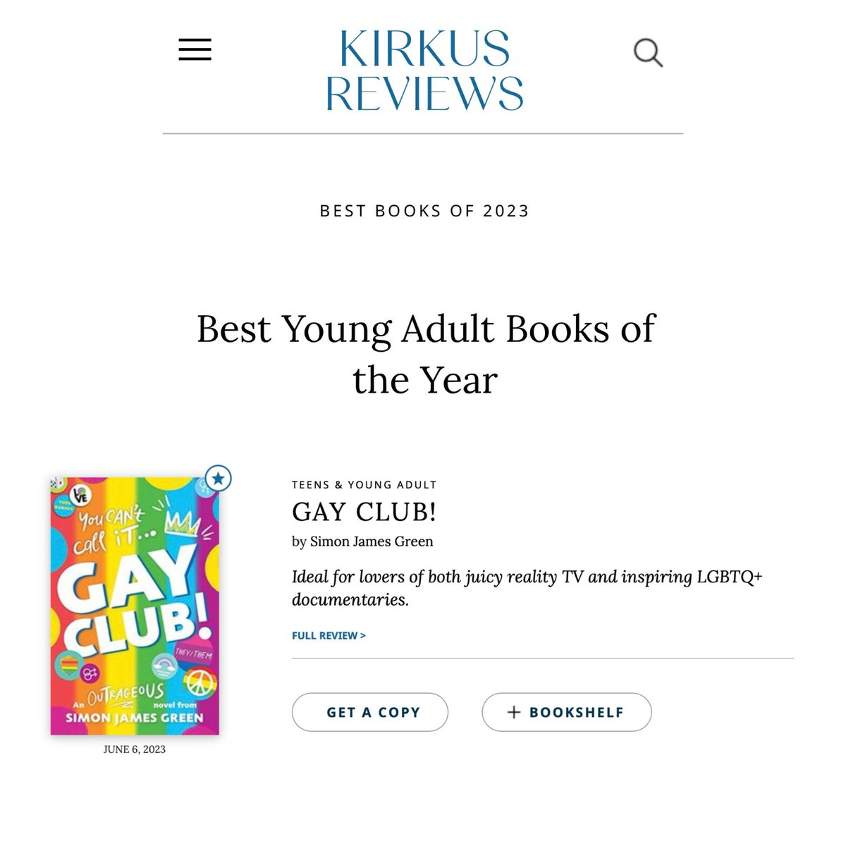 Very happy that GAY CLUB! is a Best Book of 2023 according to @KirkusReviews 😍 Thank you - it means a lot! @ireadya @Scholastic