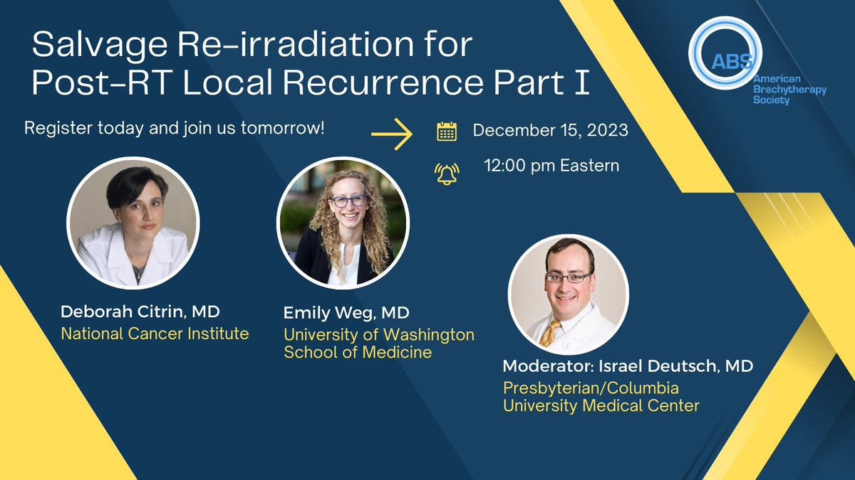 Join us tomorrow, December 15th at 12:00 pm Eastern 🗓️ for Part I in our webinar series on Salvage Brachytherapy for Locally Recurrent #prostatecancer bit.ly/3D8dH9B #ProstateCancerAwareness #ThisIsBrachytherapy #brachytherapy @EmilyWegMD @DeborahCitrin