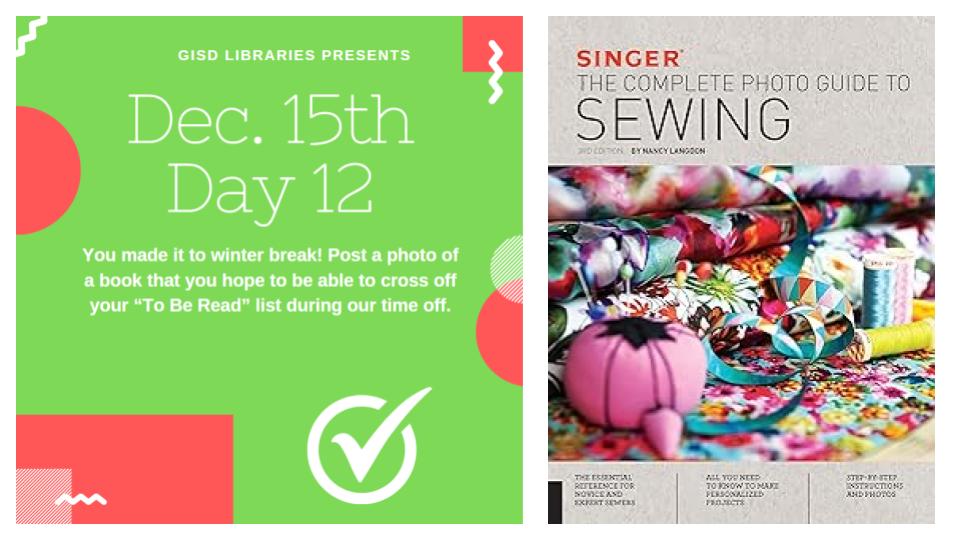 HudsonMSLibrary (@hudsonmslibrary) on Twitter photo It’s our last day of the 12 Days of Literacy! A book that I plan on browsing through is the Singer Complete Photo Guide to Sewing. I love the visuals in this guide, and I can’t wait to craft in my spare time! #GISDREADS <a href="/GISDREADS/">Jeanine Boyett</a> <a href="/GISDTLD/">Teaching & Learning Development</a> <a href="/GISDNEWS/">Garland ISD</a> It’s our last day of the 12 Days of Literacy! A book that I plan on browsing through is the Singer Complete Photo Guide to Sewing. I love the visuals in this guide, and I can’t wait to craft in my spare time! #GISDREADS <a href="/GISDREADS/">Jeanine Boyett</a> <a href="/GISDTLD/">Teaching & Learning Development</a> <a href="/GISDNEWS/">Garland ISD</a>