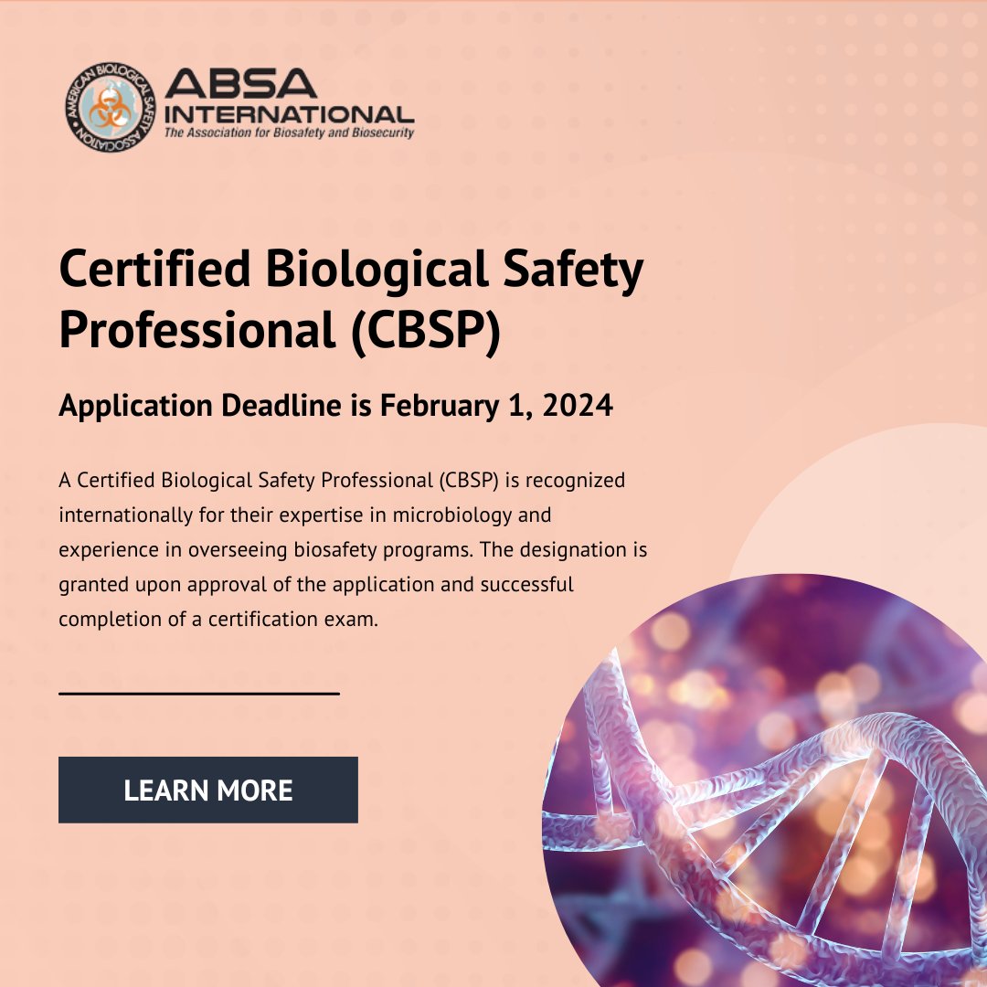 To qualify for a CBSP certification, applicants must meet education and experience criteria, pass an exam, and adhere to a code of ethics. Achieving CBSP is a commendable accomplishment for biosafety professionals. Learn more: absa.org/credentials/#t… #ABSA #CBSP