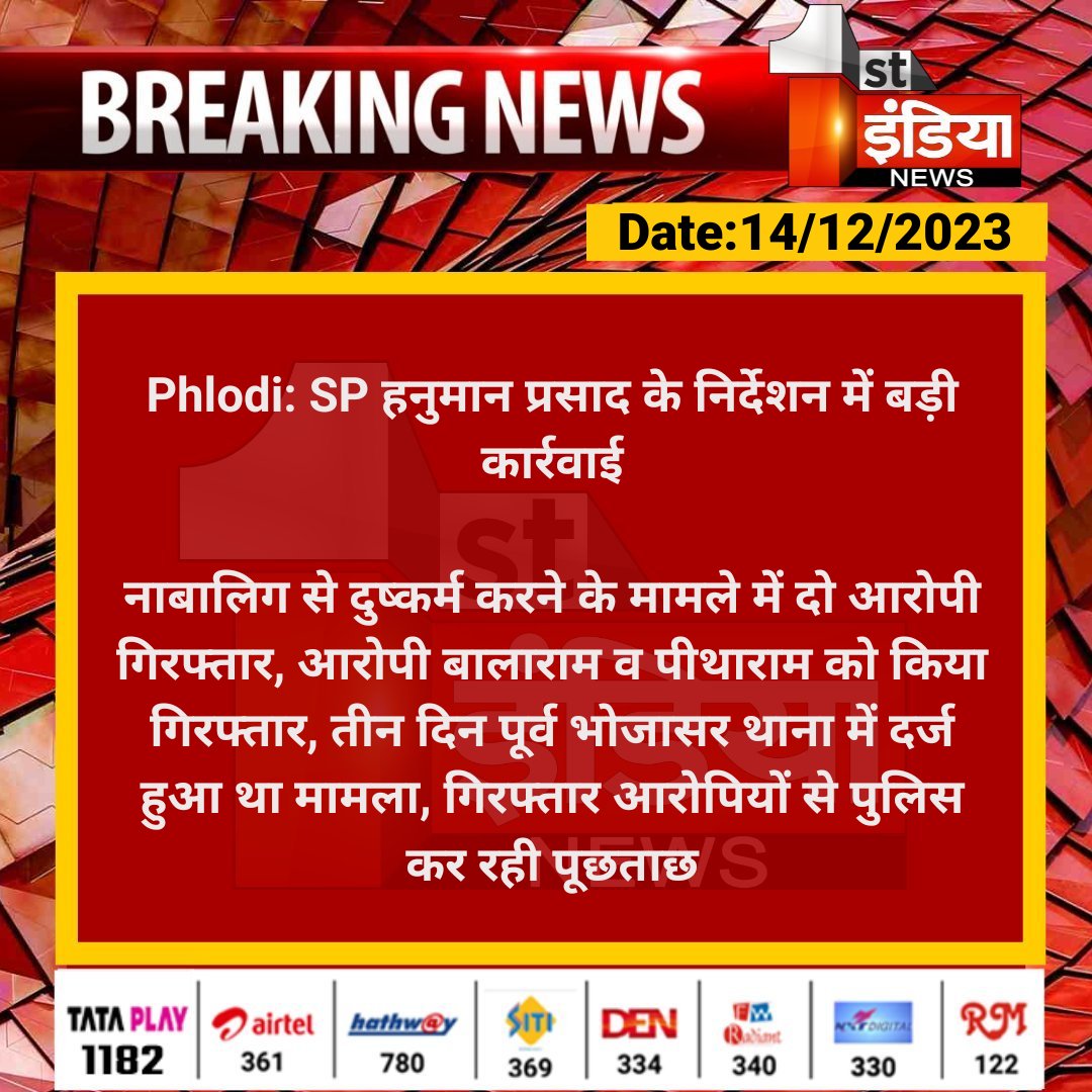 1stIndiaNews's tweet photo. #Phlodi: SP हनुमान प्रसाद के निर्देशन में बड़ी कार्रवाई
नाबालिग से दुष्कर्म करने के मामले में दो आरोपी गिरफ्तार, आरोपी बालाराम व पीथाराम को किया गिरफ्तार, तीन दिन पूर्व भोजासर थाना में...
#RajasthanWithFirstIndia @PoliceRajasthan https://t.co/HHNZIUZL9B