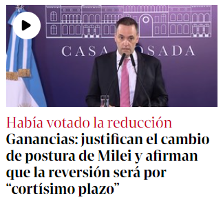 CarlosMaslaton's tweet photo. Milei nos enseñó durante años que los impuestos son un robo al servicio de la casta política de turno. Ahora que accedió al poder mete de vuelta el impuesto a las ganancias para los sueldos. O sea digamos, Milei con poder se convierte en un ladrón y manda al vocero a justificar. https://t.co/YNHRkbaLWE