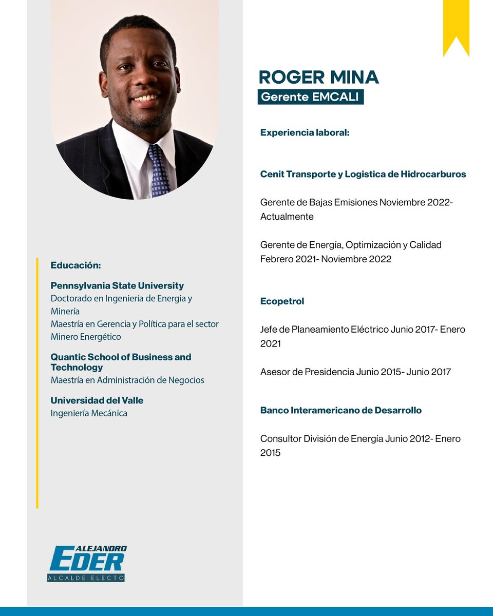 Les presento a nuestro Gerente de EMCALI, el Dr. <a href="/RogerMinaC/">Roger Mina</a>

Un caleño con toda la formación y la experiencia para volver a EMCALI una empresa pública productiva, rentable.