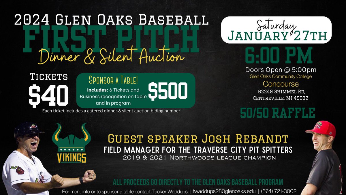 Announcing our 2024 First Pitch Dinner &amp; Silent Auction! Get your tickets and come be apart of a special night for the Glen Oaks Baseball program as we kick off our 2024 season!