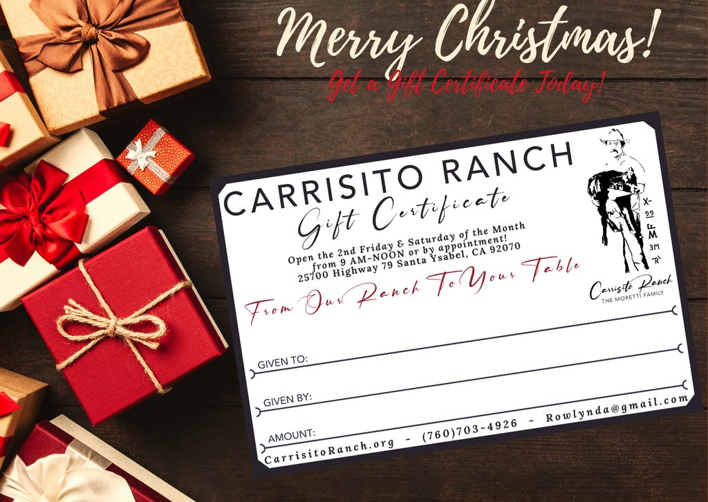 Carrisito Ranch GIFT CARDS - a great gift!
⁠
(760)703-4926⁠
⁠
#CarrisitoRanch #Beef #Pork #Ranch #ButcherBox #Christmas #ChristmasGift #MakeMineBeef #EatBeef #RanchToTable #FarmToTable #FromOurRanchToYourTable #Santa