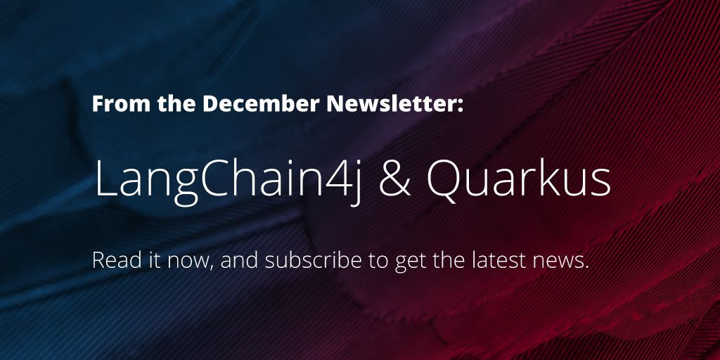 The December newsletter has been sent with new articles like 'Llangchain4j & Quarkus', and 'The Future of Java Microservices With Virtual Threads and Beyond'. Read them and other cool articles and view the latest videos. buff.ly/48jorPI Sign up to get it in your inbox.