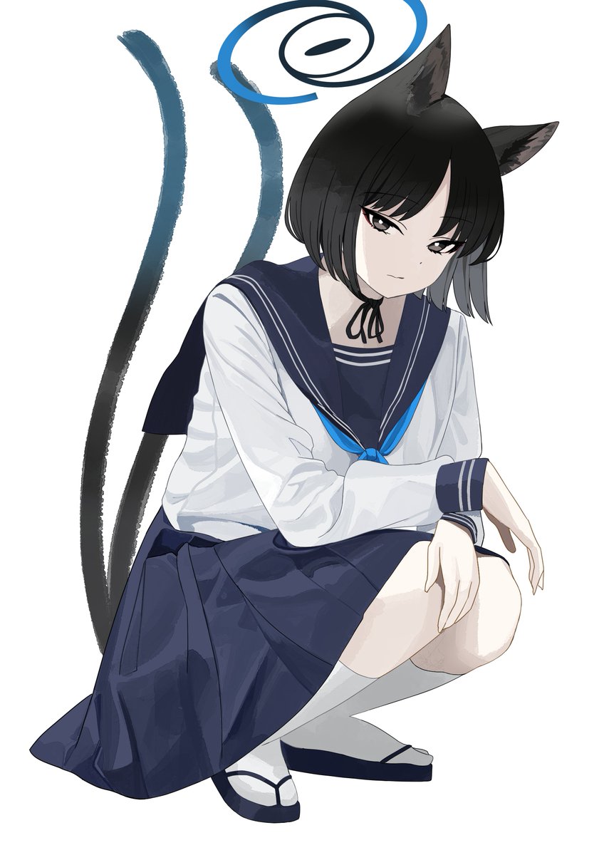 kikyou (blue archive) 1girl animal ears solo tail black hair skirt school uniform  illustration images