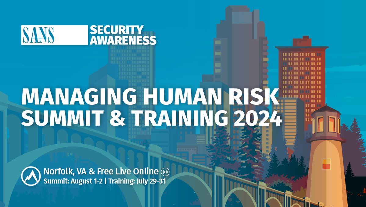 SANS Security Awareness (@sansawareness) on Twitter photo SANS #HumanRiskSummit 2024 is open for registration!
Join <a href="/lspitzner/">Lance Spitzner</a> in-person in Norfolk, VA or Live Online to learn about managing human risk and engage in invaluable networking.
โ๏ธ Register Today: sans.org/u/1tys SANS #HumanRiskSummit 2024 is open for registration!
Join <a href="/lspitzner/">Lance Spitzner</a> in-person in Norfolk, VA or Live Online to learn about managing human risk and engage in invaluable networking.
โ๏ธ Register Today: sans.org/u/1tys