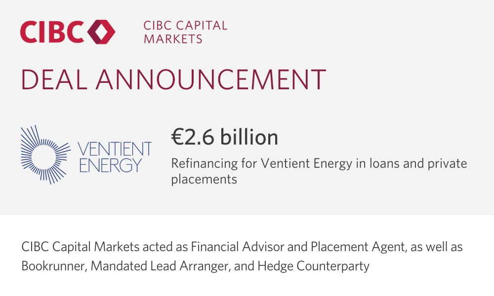 We are pleased to have acted as Financial Advisor and Placement Agent, as well as Bookrunner and MLA and Hedge Counterparty, on a €2.6 billion equivalent financing for Ventient Energy, a leading independent #RenewableEnergy generator. Read more: ow.ly/JYlp50QiLX0]