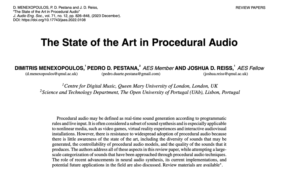 New paper out!

I am really happy to share our review paper titled "The State of the Art in Procedural Audio", co-written with Joshua Reiss and Pedro Pestana and published at the Journal of the <a href="/AESorg/">Audio Engineering Society</a>.

dmenex.github.io/proceduralaudi…

#procedural #audio #research #paper