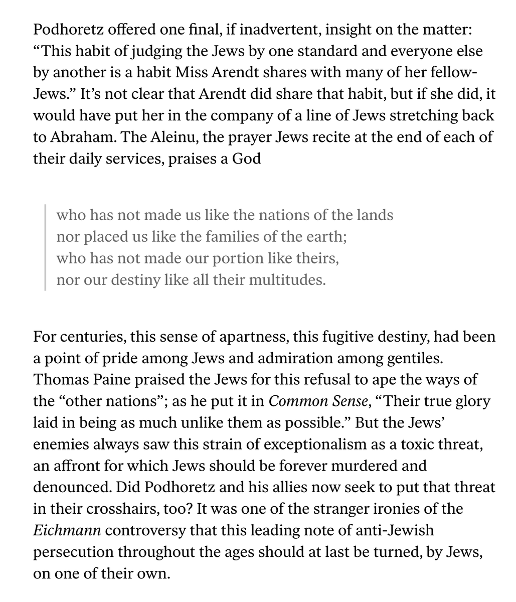 1/ Arendt's leeriness of the State of Israel went far deeper than any of her specific writings on Zionism from the 1930s and 1940s would suggest. It's at the heart of her most profound—and most Jewish—book, Eichmann in Jerusalem. Some excerpts from a piece I wrote 8 years ago.