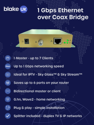 Introducing the NEW Ethernet over Coax Bridge from <a href="/Blakeukltd/">Blake UK | PROception</a> a fast and easy way to upgrade your network without running new wires.

For improved network performance with low-cost and simple installation, choose gigabit networking over existing cables.
alltrade.co.uk/shop/2-blake-e…
