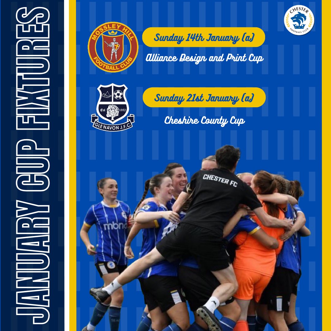 Chester FC Women (@cfcwomens) on Twitter photo ๐ ๐๐ฉ๐๐จ๐ฆ๐ข๐ง๐ ๐๐ข๐ฑ๐ญ๐ฎ๐ซ๐๐ฌ!
A double header of cup action in January ๐ช
We face Mossley Hill away from home on the 14th January in the Alliance Design and Print Cup.
Followed by a trip to Glenavon JFC Ladies in the County Cup.
#OurClub | #ChesterFC ๐ตโช๏ธ ๐ ๐๐ฉ๐๐จ๐ฆ๐ข๐ง๐ ๐๐ข๐ฑ๐ญ๐ฎ๐ซ๐๐ฌ!
A double header of cup action in January ๐ช
We face Mossley Hill away from home on the 14th January in the Alliance Design and Print Cup.
Followed by a trip to Glenavon JFC Ladies in the County Cup.
#OurClub | #ChesterFC ๐ตโช๏ธ
