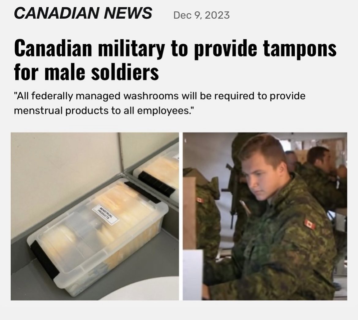 iheartmindy's tweet image. The Canadian military will now be providing tax payer funded tampons to men, because of course.

I have no idea where they&apos;re supposed to put them...maybe they should ask the biggest tampon of them all Justin Trudeau where he shoves his? 🧐