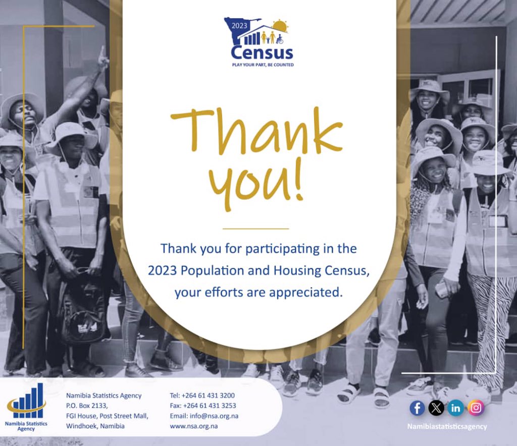 WE could not have done it without you. Your cooperation and patience towards us achieving our goals is evidence that there is hope for a better tomorrow.

📍 📊 THE 2023 POPULATION AND HOUSING CENSUS

More to follow…

Visit: nsa.org.na today!

#playyourpart