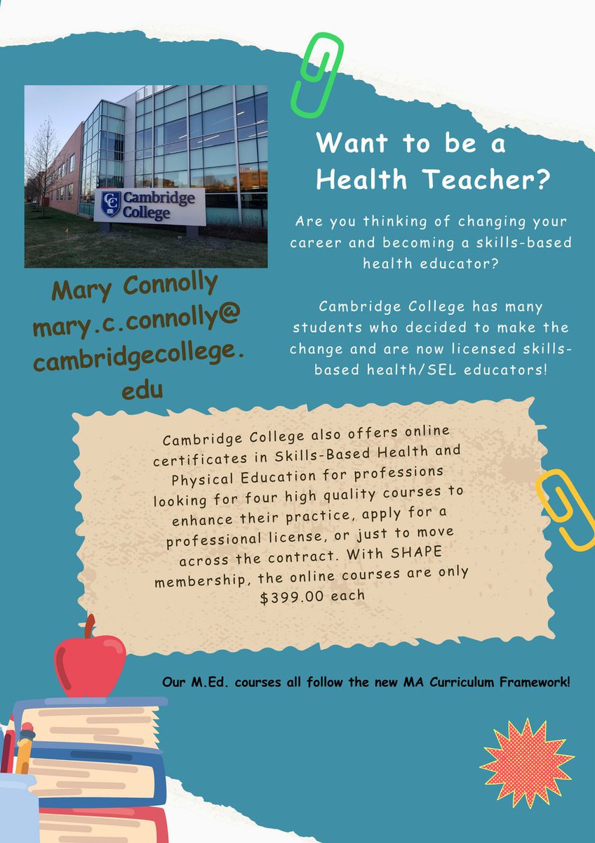 Mary Connolly (@connollymary2) on Twitter photo Thinking of teaching? Think of Cambridge College!
We have a health education teacher shortage! Cambridge College can train you to become a skills-based health educator. Contact Mary Connolly: mary.c.connolly@cambridgecollege.edu.
Spring classes begin in January. Thinking of teaching? Think of Cambridge College!
We have a health education teacher shortage! Cambridge College can train you to become a skills-based health educator. Contact Mary Connolly: mary.c.connolly@cambridgecollege.edu.
Spring classes begin in January.