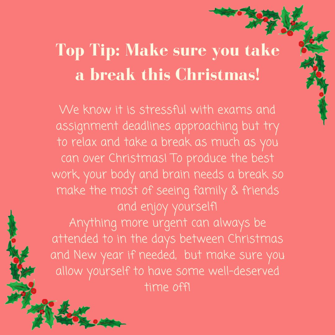 The Christmas break officially started at @uochester yesterday so for Day 19 of #advent2023 our top tip is to make sure you take some well-deserved time off this Christmas to rest and relax so you can come back feeling ready for Semester 2!