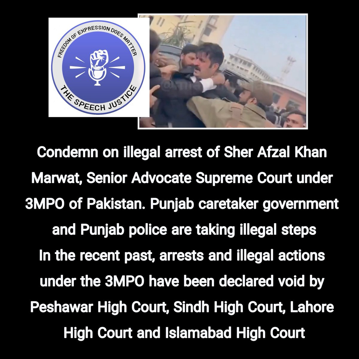 Condemn on illegal arrest of Sher Afzal Khan Marwat, Senior Advocate Supreme Court under 3MPO of Pakistan. Punjab caretaker government and Punjab police are taking illegal steps. #ReleaseSherAfzalMarwat