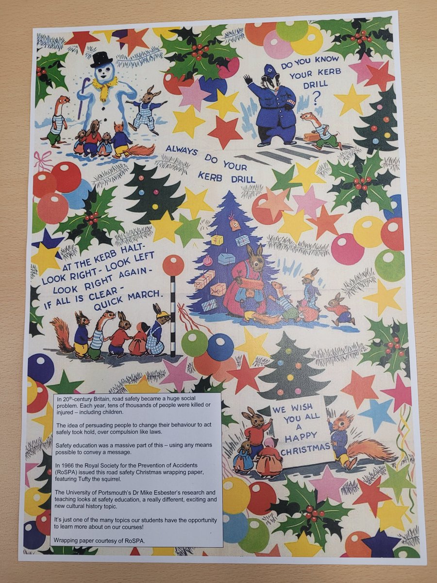 The wonder that is Mike Esbester's 1966 RoSPA safety wrapping paper. Merry Christmas from the UOP history team! @UoP_SASHPL @UoPHumSS