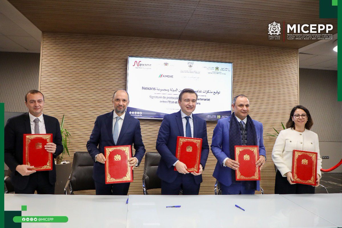 1/2 <a href="/miceppgov_ma/">MICEPP</a>, <a href="/mcinetgov_ma/">Ministry of Industry & Trade - Morocco</a> , <a href="/MTEDDMAROC/">MTEDD وزارة الانتقال الطاقي والتنمية المستدامة</a> , #ONEE &amp; <a href="/amdie_agency/">AMDIE - Moroccan Investment and Export Agency</a>  and <a href="/Nexans_/">Nexans</a> , joined forces and signed 2 agreements for the implementation of a €100M investment project in Morocco, which consists of the establishment of Nexans' 3rd cable plant in the Kingdom.