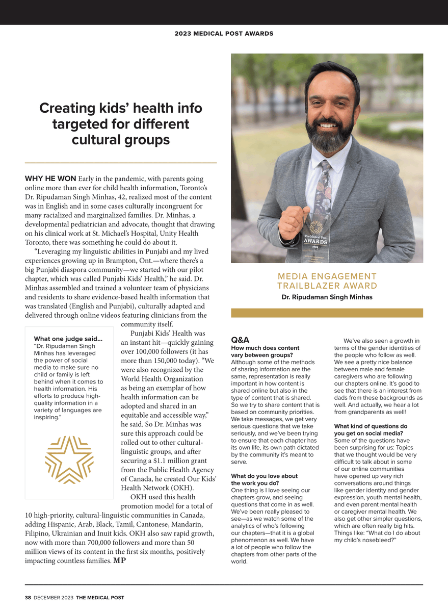Our Kids' Health (@our_kidshealth) on Twitter photo 🌟 Beaming with pride as we celebrate that <a href="/RipudamanMinhas/">Dr. Ripudaman S. Minhas MD MPH</a>, the driving force behind #OurKidsHealth, has received well-deserved recognition from <a href="/MedicalPost/">The Medical Post</a>! 🏆
🌐 Dive into his profile below to discover the inspiring journey that earned him the #TheMedicalPostAwards Media 🌟 Beaming with pride as we celebrate that <a href="/RipudamanMinhas/">Dr. Ripudaman S. Minhas MD MPH</a>, the driving force behind #OurKidsHealth, has received well-deserved recognition from <a href="/MedicalPost/">The Medical Post</a>! 🏆
🌐 Dive into his profile below to discover the inspiring journey that earned him the #TheMedicalPostAwards Media