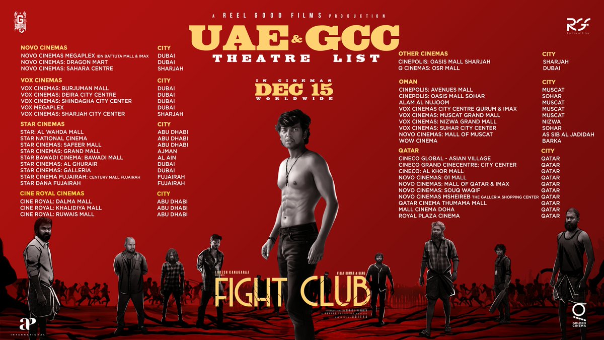 The Gulf theatre list for #FightClub is here! 'Sanda Seirom' 💪🏼 #FightClub releasing in UAE & GCC on 15th December!! 💥🔥 #LokeshKanagaraj - #Vijaykumar's #RGF01 #FightClub 🤜🏼
