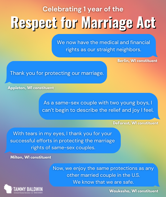 It’s heartwarming to hear what the Respect for Marriage Act has meant to couples across Wisconsin who can now rest assured that their marriage is protected under federal law. I fought to get this bill passed to make a difference for Wisconsinites like these. 🏳️‍🌈