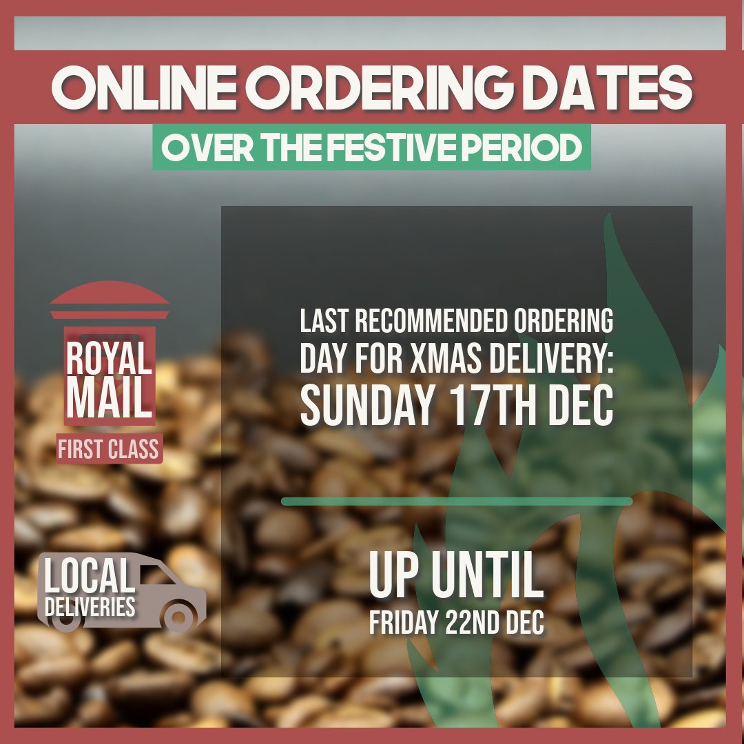Just a wee heads up for those of you ordering for Christmas - we are recommending that you place your order before the 17th (this Sunday)

Local Deliveries will be happening as usual until the 22nd (next Friday)

#invernesscoffeeco #coffeeroasters #coffeeshop #coffee #christmas