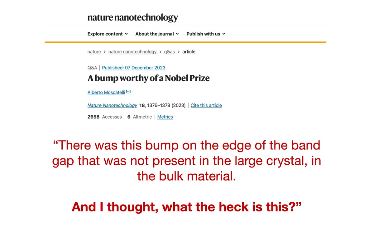 It all starts with you spotting an anomaly in experiments… Louis Brus, a Nobel laureate of 2023, describes his story to Nature Nanotech. Few important points and my comments: 1️⃣ It all started when Louis Brus was reading a review paper on micelles in water. Accidentally,