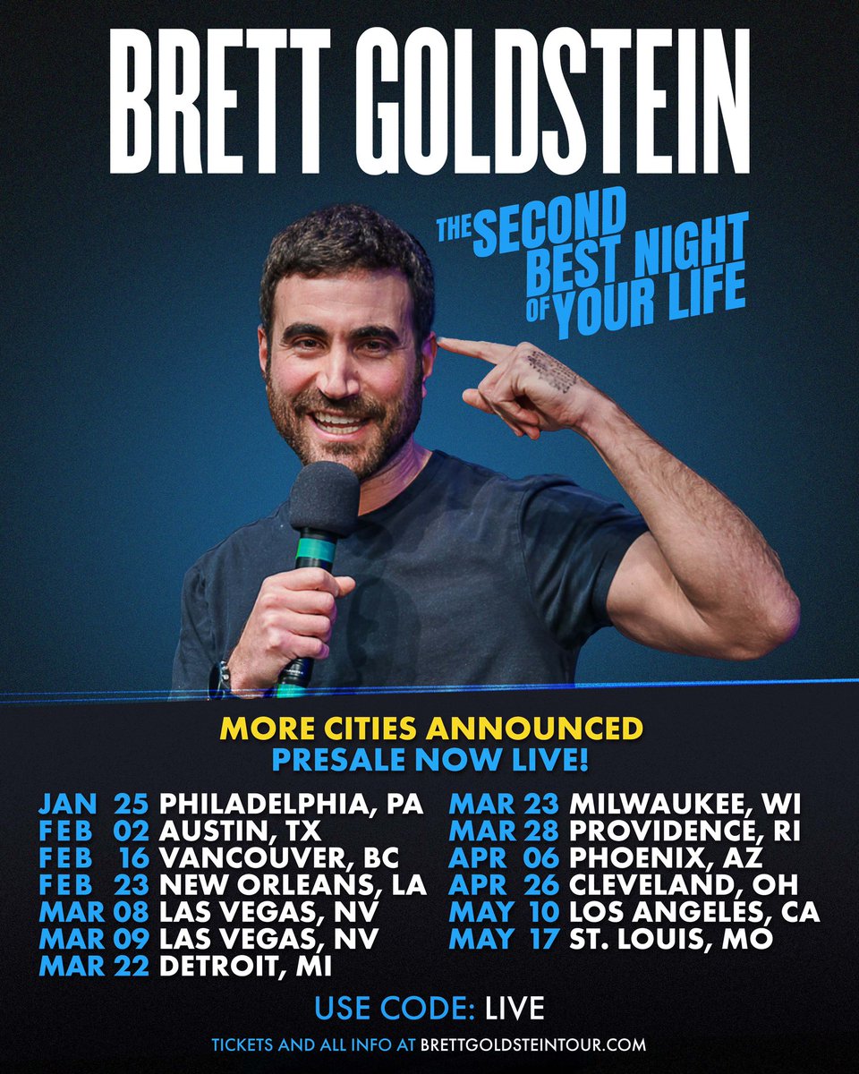 Presale now available with code LIVE for 2024 tour dates, including LA @NetflixIsAJoke: the festival, and Vancouver @jflvancouver. Get tickets and all info at brettgoldsteintour.com