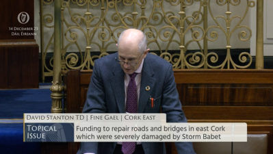 #Dáil Topical Issue 1: Deputy David Stanton TD @davidstantontd - To the Minister for Transport: To discuss the need for funding to repair roads and bridges in east Cork which were severely damaged by Storm Babet. bit.ly/2wRX0Aj #SeeForYourself