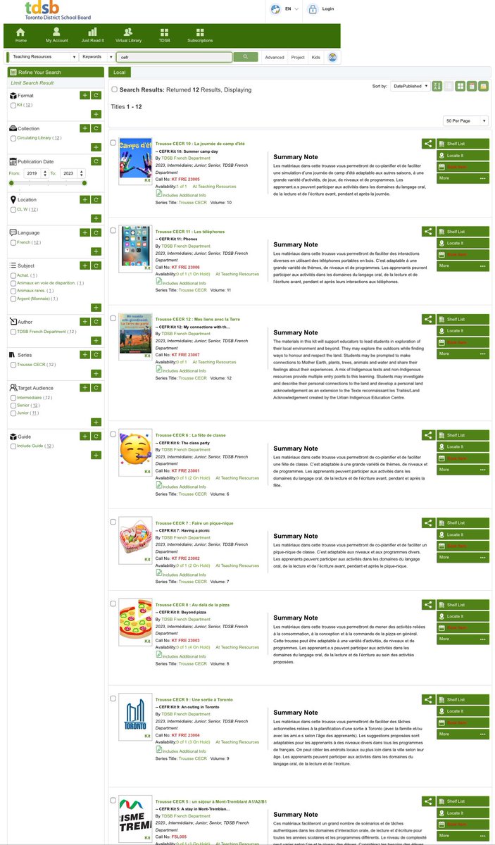 12 CEFR kits from <a href="/TDSB_French/">French in the TDSB</a> including hands-on materials w/suggested action-oriented tasks adaptable to various grades/programs|links to related digital texts|videos to support learning. Visit bit.ly/3OB0FrL to sign out or book for a later date (log-in reqd)