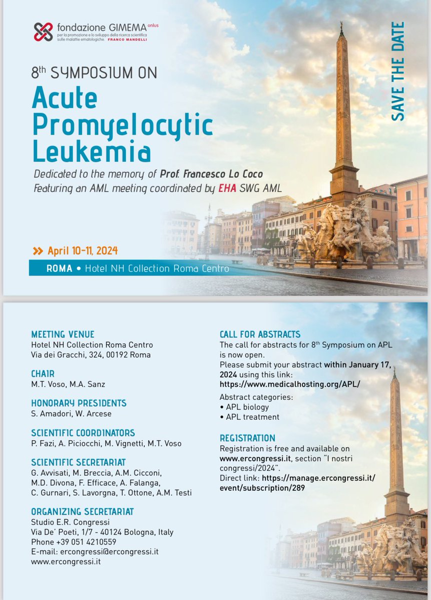 Carmelo Gurnari (@carmelogurnari) on Twitter photo Call for abstracts📣📣📣 APL symposium in Rome, Italy🇮🇹 deadline is January 17th <a href="/EHA_Hematology/">European Hematology Association</a> <a href="/young_eha/">YoungEHA</a> <a href="/TheEBMT/">The EBMT</a> <a href="/ASH_hematology/">ASH</a> <a href="/Young_LABMT/">Young LABMT</a> <a href="/ASCO/">ASCO</a> amazing opportunity to present your data and enjoy Rome! Call for abstracts📣📣📣 APL symposium in Rome, Italy🇮🇹 deadline is January 17th <a href="/EHA_Hematology/">European Hematology Association</a> <a href="/young_eha/">YoungEHA</a> <a href="/TheEBMT/">The EBMT</a> <a href="/ASH_hematology/">ASH</a> <a href="/Young_LABMT/">Young LABMT</a> <a href="/ASCO/">ASCO</a> amazing opportunity to present your data and enjoy Rome!