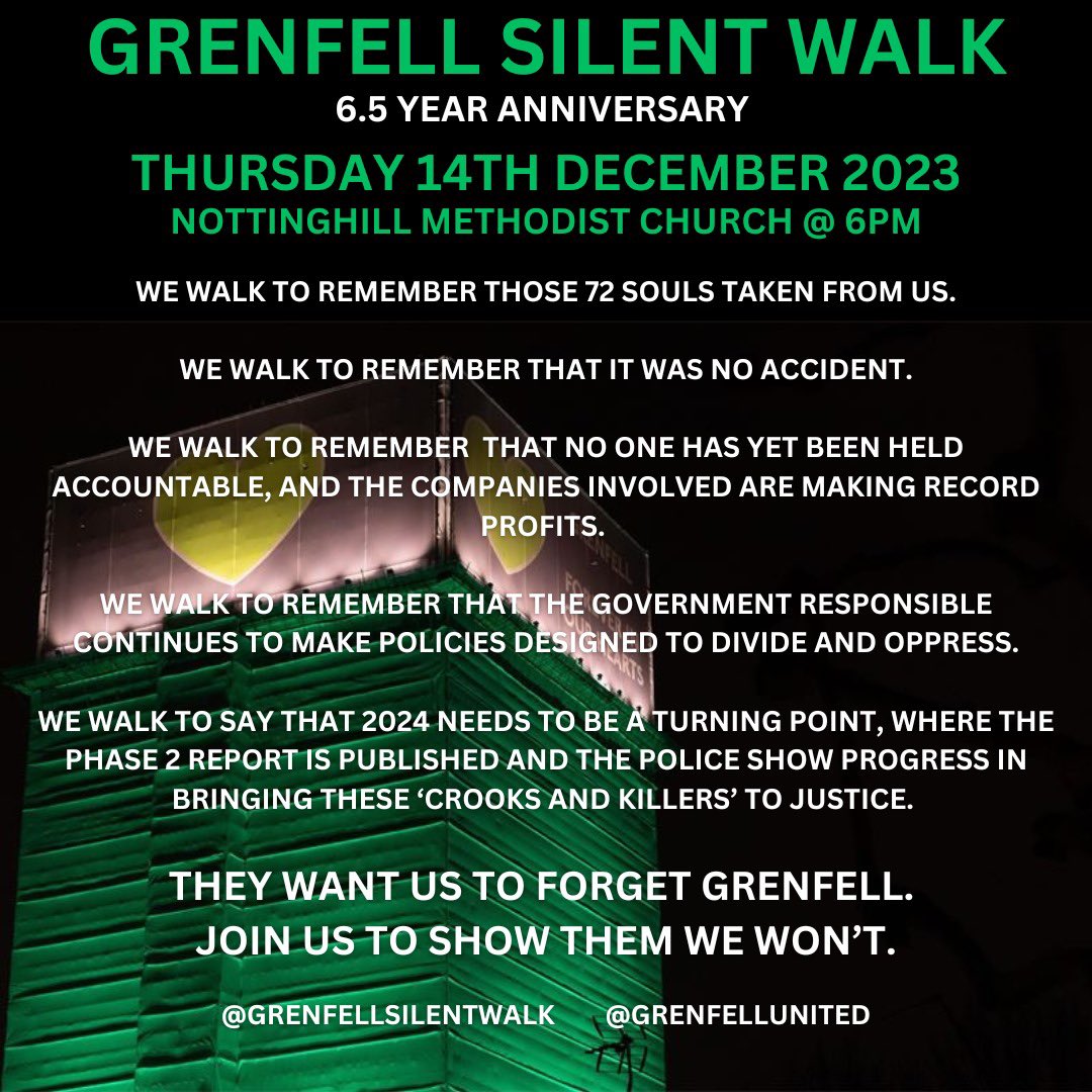 78 months since our 72 loved ones were taken from us. 78 months, no justice. Join us tonight at the Silent Walk to show those in power we won’t stop until justice is served. #ForeverInOurHearts 💚