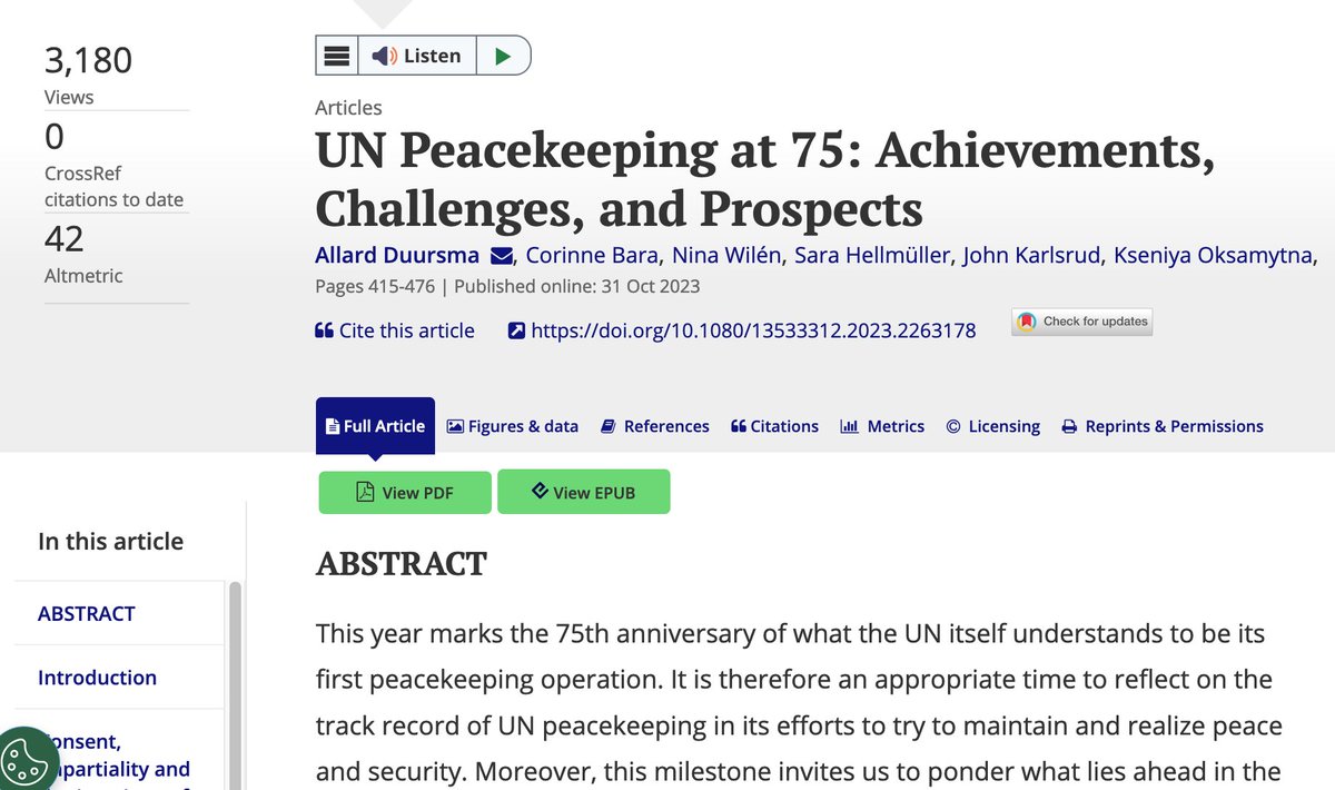 A more recent highlight is our #UN @75 Workshop this summer which gathered 33 ⭐️ peacekeeping scholars & practitioners & which resulted in this forum article: tandfonline.com/doi/full/10.10… 5)