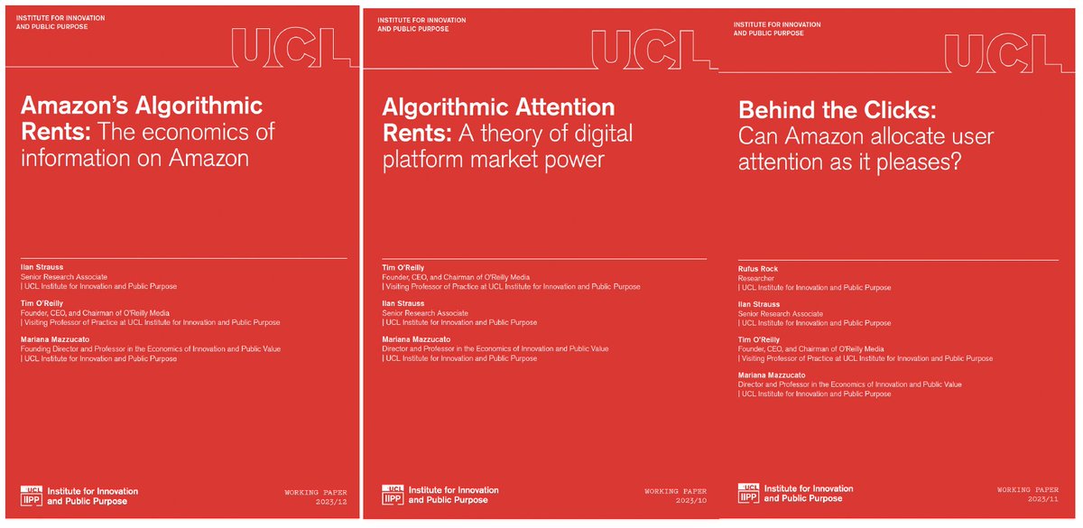 How do dominant platforms use their #algorithms to shape markets & extract #rents from suppliers & users? With applications to emerging #AI systems, here are key findings from 3 new papers & 2 years of research with @timoreilly, @MazzucatoM (PI), & @RufusRock2 at @IIPP_UCL 🧵1/