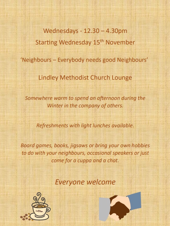 If you're looking for a #WarmWelcomeSpace with warm company on a Wednesday this winter, we can recommend Lindley Methodist coffee lounge - see the poster.

There are many warm spaces all across Kirklees. You can find them on the map here: warmwelcome.uk
