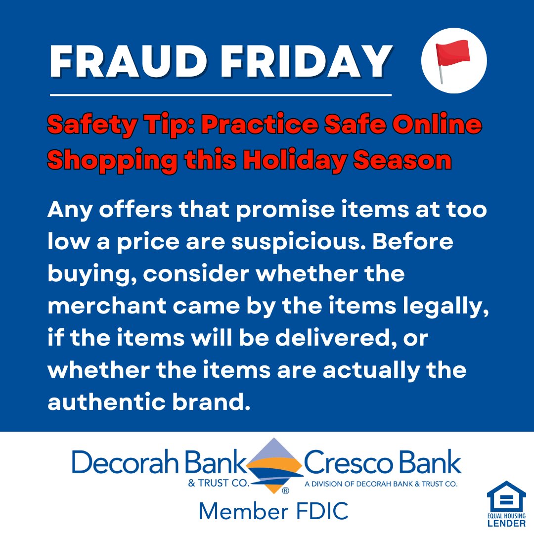 DecorahBank's tweet image. Don’t let fraudsters steal your hard-earned money! Use this safety tip to stay safe and secure. #FraudFriday 🚩